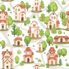 Obraz na płótnie Canvas Town with roads. Map. Seamless illustration with cartoon village or city houses. Street. Day. Nice cozy private residence in traditional style. Dark background. Isolated. Vector