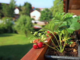 Strawberries on morning sun in flowerpots on balcony with view into the city and blue sky