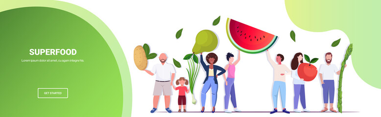 mix race people holding different vegetables and fruits healthy lifestyle vegan fresh superfood concept full length horizontal copy space
