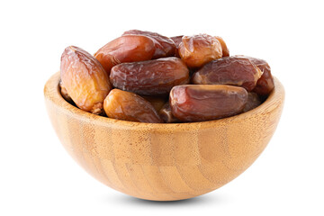 ripe dates in wooden cup isolated on white background