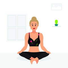 Fototapeta premium young blunt hair girl practicing lotus yoga pose at home, young lady practicing meditation at home.