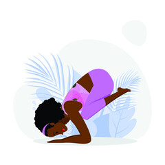 Young black Lady practicing arms balancing yoga asana, young girl in lavender gym outfit practicing balance yoga asana