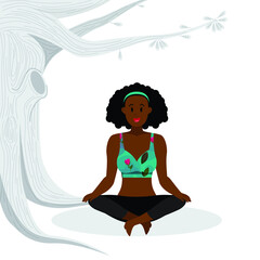 young girl practicing meditation, lotus yoga pose, black lady practicing lotus yoga asana