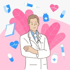 Young male doctor at clinic or hospital in healthcare or medical concept. Hand draw style. Vector illustration.