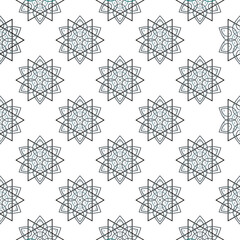 Flowers, triangle and dots in ocean blue on white background - Rangoli or Paisley vector line art in seamless pattern, for wear fabric, apparel textile, garment, wrapping, phone case.