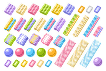 Vector set of Bubble Gums, collection of cut out illustrations of assorted bubblegums, set of circle chewing candies and many colorful bubble gums on white background.