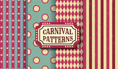 Set of carnival retro vintage seamless patterns. Textured old fashioned circus wallpaper templates. Collection of vector texture background tiles. For parties, birthdays, decorative elements. - obrazy, fototapety, plakaty