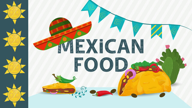 Mexican food illustration for flat design lettering title with hat on sombrero and taco tortillas with red and green pepper filling