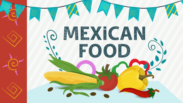 Mexican food illustration for flat style decoration lettering name corn sweet yellow pepper tomato