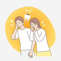 Young man and woman feel severe pain in the teeth from caries. Dental concept. Toothache from caries. Hand draw style. Vector illustration.