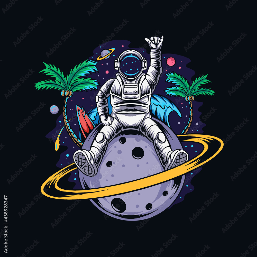 Poster astronaut sitting on planet saturn containing coconut trees and summer beach in outer space