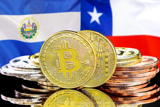 Bitcoins on El Salvador and Chile flag background. Concept for investors in cryptocurrency and Blockchain technology in El Salvador and Chile