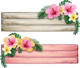 Watercolor wooden vintage banner striped with tropical flowers © angela0982