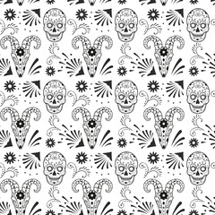 Seamless pattern with elements of Mexican culture . Outline image of Mexican skulls and floral elements. Print on paper or background image for layouts.