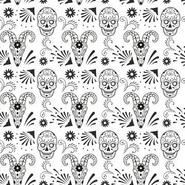 Seamless pattern with elements of Mexican culture . Outline image of Mexican skulls and floral elements. Print on paper or background image for layouts.
