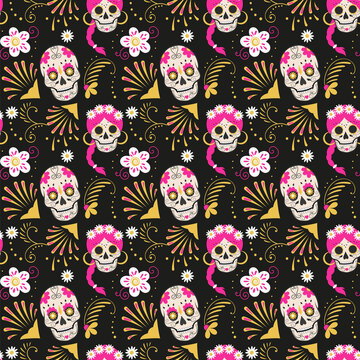 Seamless pattern with skulls on a dark background with elements of Mexican culture . Image of Mexican male and female skulls with floral elements. Print on paper or background image for layouts.