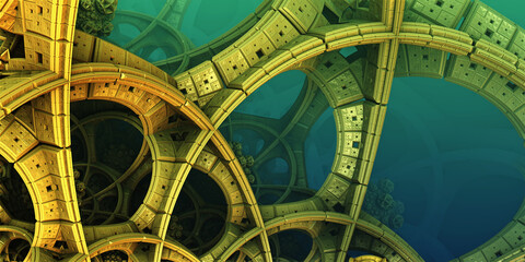 Abstract background, fantastic 3D gold structures, technology remains of an ancient civilization render illustration. 