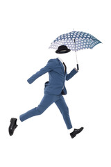 Ghost of man jump with umbrella. white background