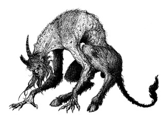 Demon, fiend of hell, devilish creature with horns, goat legs and a tail. © Петр Костюк
