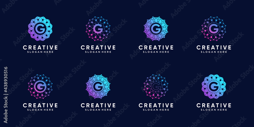 Fototapete set of monogram logo design for technology initial letter g with line art and dot style