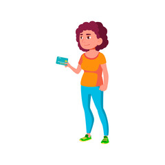 smiling girl buying goods with credit card in store cartoon vector. smiling girl buying goods with credit card in store character. isolated flat cartoon illustration