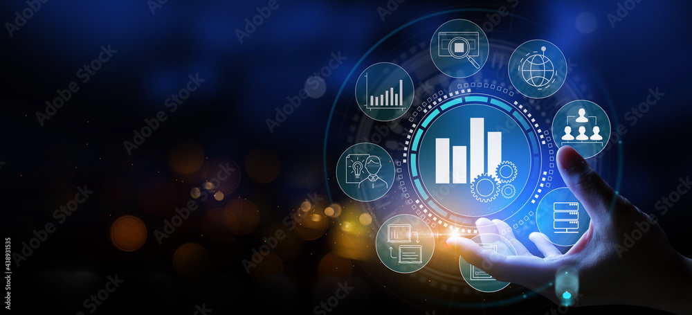 Poster business hand worker holding business analytics big data analysis technology future concept on vr sc