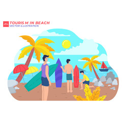 Fototapeta na wymiar Set of people performing summer sports and leisure outdoor activities at beach, in sea or ocean - playing games, diving, surfing, riding water scooter. Colorful flat cartoon vector illustration.