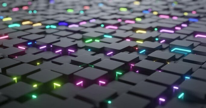 Super Satisfying Looped Animation of Bright Rainbow Color Scheme Glowing Panels. Digital Abstract Keyboard 3D rendered in 4K. 