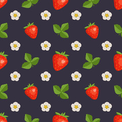 Seamless pattern with strawberries, flowers and leaves. Cute summer or spring berry print on a dark background. Festive decoration for textiles, wrapping paper and designs. Vector flat illustration