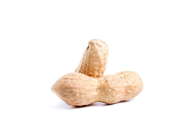 Peeled peanuts and peanut pod isolated on white background.