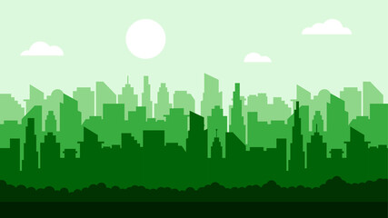 Green silhouette of modern city skyline. Cityscape with sun and clouds. Vector illustration in flat style