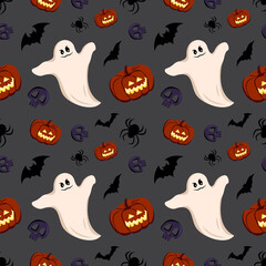 Fototapeta premium Bright dark seamless pattern with pumpkins, ghosts, skulls, bats and spiders. Festive autumn decoration for Halloween. Holiday October background for paper print, textile and design