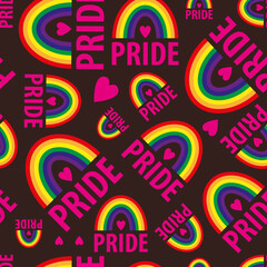 A vector seamless pattern of the words pride. Pride lesbian, gay, bisexual transgender, heart, rainbow on a brown background. Symbol of the LGBT community. For fabric, wallpaper, wrapping, websites.