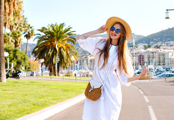 Young woman posing nice beautiful France Riviera city