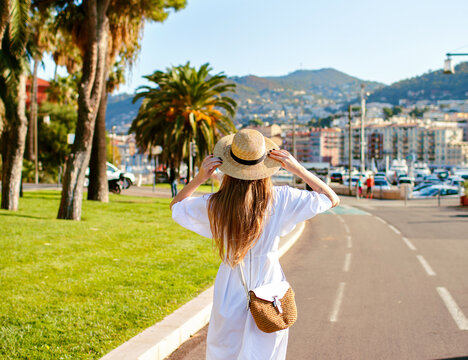 Young woman posing nice beautiful France Riviera city