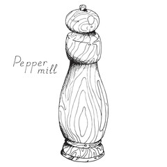 Classic vintage wooden pepper mill. Tool for the kitchen. Isolated clipart set on white background. Hand-drawn ink sketch.