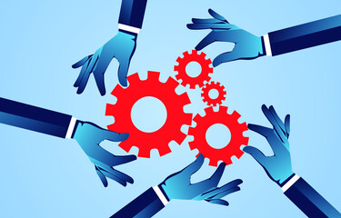Conceptual illustration of team, hands holding gear puzzles together to make the gears work