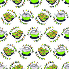 Coconuts and flip flops. Seamless pattern on a white background. Cute vector illustration.
