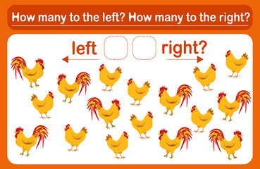 A logic game for kids called Left or right. Spatial orientation with chickens. Training sheet. Count how many chickens are turned left and how many are turned left.