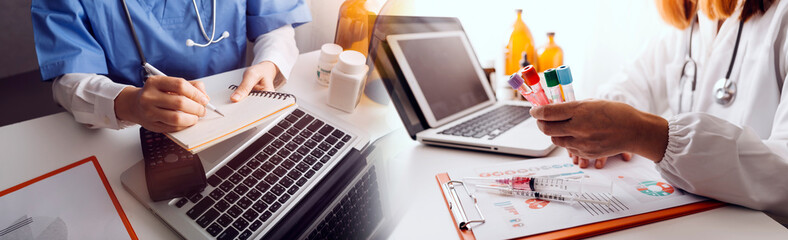 Medicine doctor and vaccine dose flu shot drug syringe in laboratory, microbiology and pharmaceutical research, medical and healthcare.