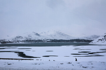 Snow covered lake and mountains in Afghanistan
