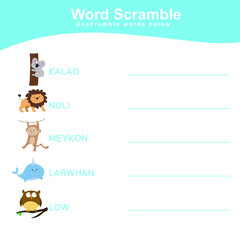 Animals Spelling Word Scramble. Animals spelling words w. Educational activity for preschool kids. Preschool Education. Vector illustration.