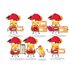 Cartoon character design of tequila sunrise working as a courier