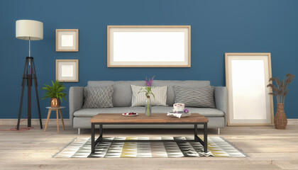 Skandinavisches, nordisches Wohnzimmer mit einer Couch und Tisch - leere Bilderrahmen - Textfreiraum - Platzhalter