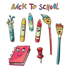 Back to school. Flask for chemical experiments, colored pastel pencils for drawing, paint brushes, notebook on rings, pin. Funny characters. Isolated clipart set of stationery for a primary school.