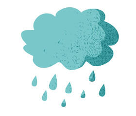 a cloud with drops in a warm blue autumn color, with a noisy shadow, isolated on a white background. Children's illustration of a cloud with a texture. 