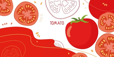 Tomatoes on abstract background. Fresh farm vegetables for diet. Ingredients for cooking. Flat design for menu, cafe, restaurant, banner, emblem, sticker, recipe design. For packing juice or sauce.