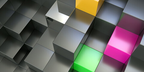 Volumetric metal, colored and mirror cubes as a background and design
