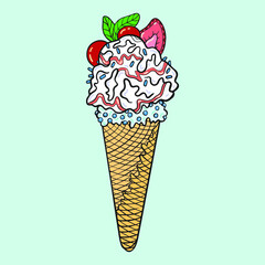 Ice cream ball vector in a waffle cone with sprinkling cherry strawberry cartoon style