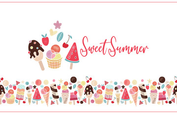 Border of tasty sweet food. Summer party. Flat Vector illustration of healthy food Ice cream in a waffle cup, popsicles, fruit ice, truck with berries, chocolate. Isolated design on white background.
